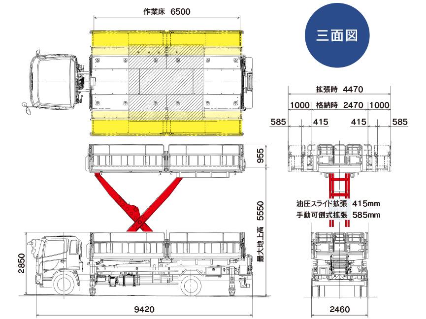 高所作業車　荷台昇降車　M600　三面図　諸元